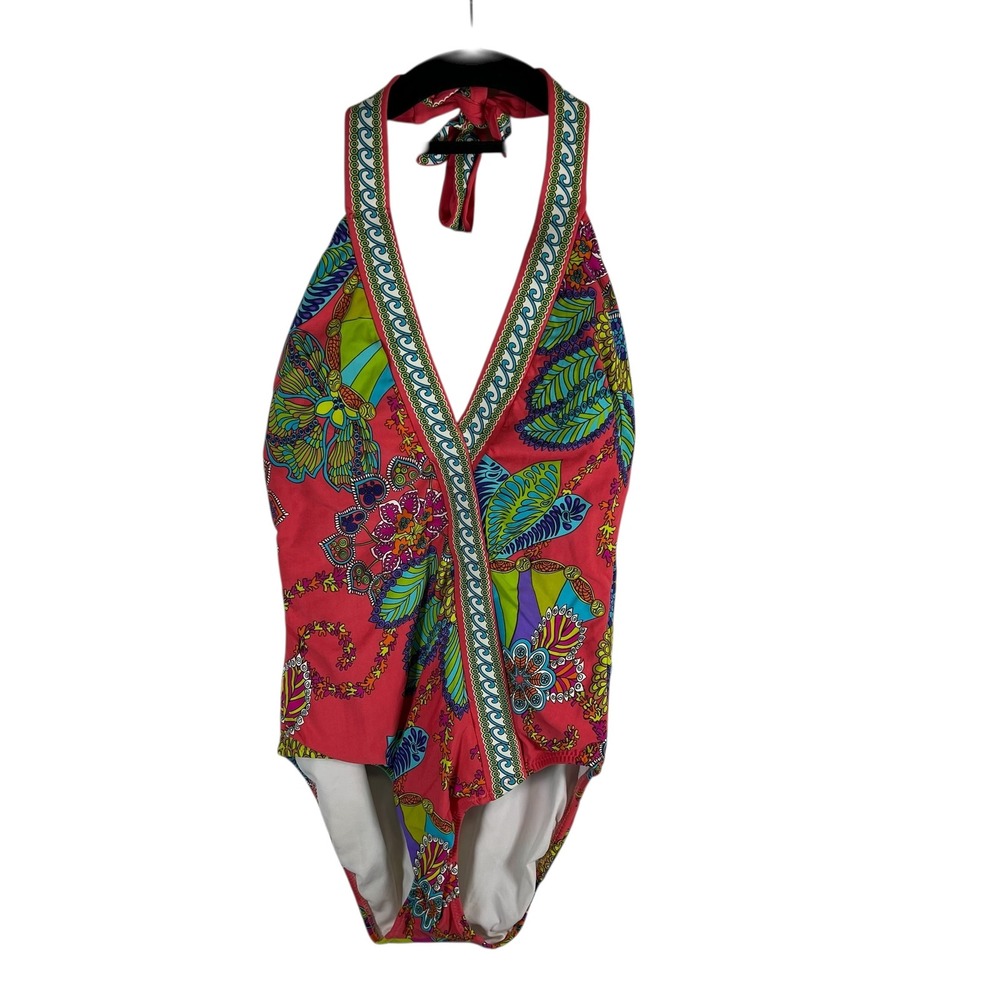 Trina Turk Womens One Piece Swimsuit Size 8 Pink Psychedelic Floral Halter Neck